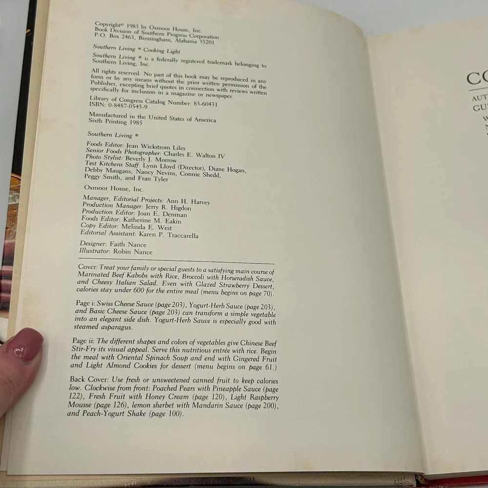 1983 Southern Living Cooking Light Cookbook Healthy Recipes Hardcover Illustrate